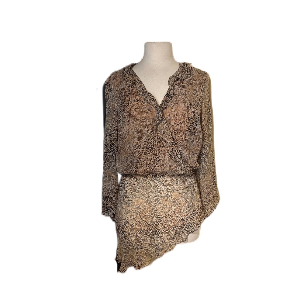 Vintage Silk Blouse Animal Print Sz 10 Asymmetrical Sheer Sleeve Artsy Boho Edgy